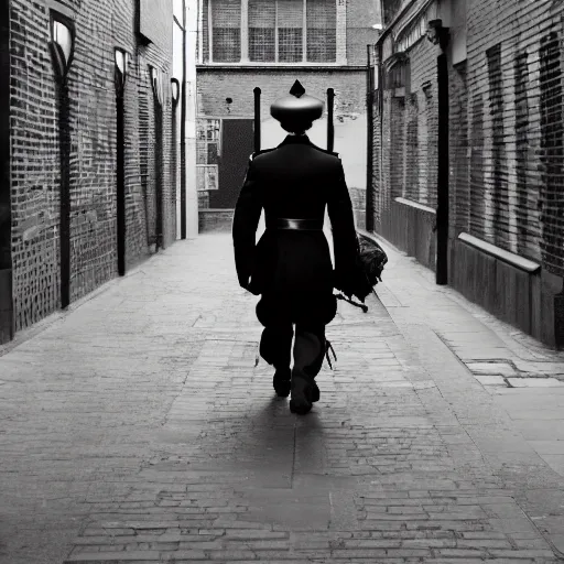 Image similar to soldier walking through london alley, gloomy mood, early dawn, sharp picture, cinematic, hyper realistic, symmetrical, 4 k, highly ornate intricate details,