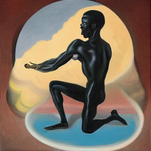 Image similar to a surrealist oil painting of a black man depicted as atlas, struggling to continue carrying the weight of the world, in the style of jean - marquett