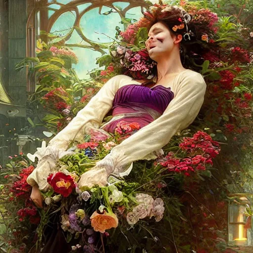 Image similar to an elaborate floating coffin with a mysterious woman sleeping and holding a large bouquet of flowing flowers, hands hidden under the bouquet, side view, fantasy, regal, intricate, by stanley artgerm lau, greg rutkowski, thomas kindkade, alphonse mucha, loish, norman rockwell