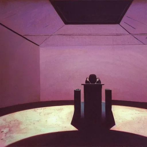 Prompt: photograph of a syd mead scifi ancient civilzation empty room, purple sun, beksinski