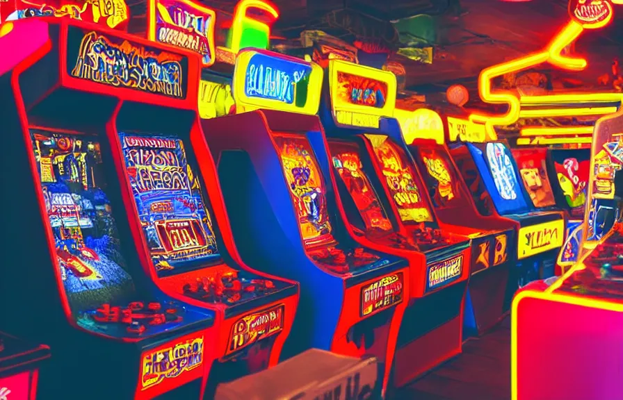 Image similar to Wide shot of a row of brightly lit retro arcade machines in an arcade, depth of field, realistic, nostalgic