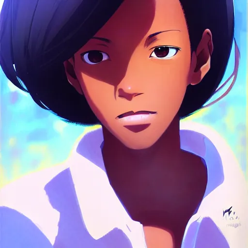 Image similar to portrait of a joyfull black girl with short hair. By makoto shinkai, by leiji Matsumoto, by Julie Bell