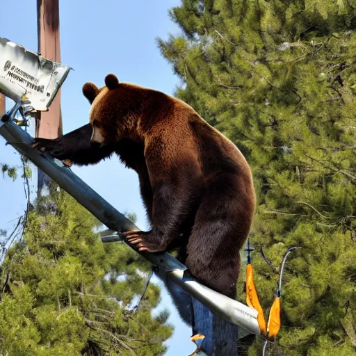 Prompt: the bear sits on a high pole and repairs high-voltage wires. High-resolution photo.