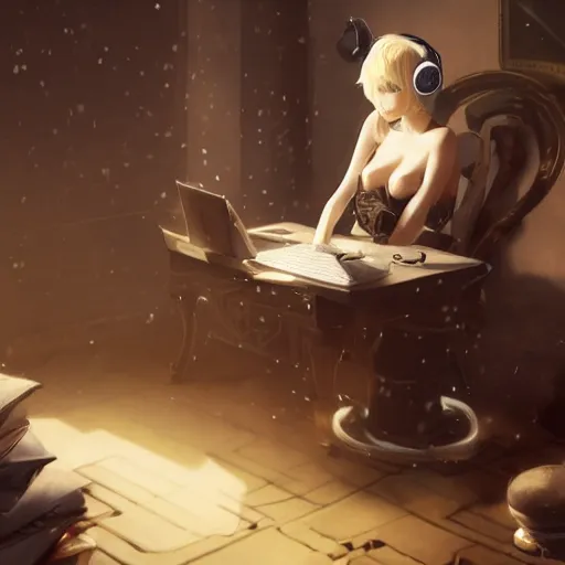 Image similar to a blonde miqo'te sitting in front of a computer wearing headphones, in the style of greg rutkowski, fantasy, amazing detail, epic, elegant, smooth, sharp focus