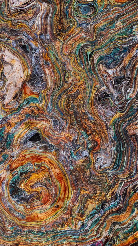 Image similar to ultra realistic macro photography of the giant psychedelic magical machine embedded within the mountain, colourful sedimentary and igneous rock and marble, industrial machinery, pistons, pipes and valves, super conducters, circuitry. 8k geology photographic cross section