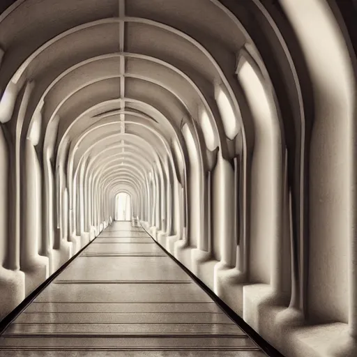 Image similar to a long ethereal asylum hallway, arched ceiling, one point perspective, vanishing point, symmetrical composition, rich colors, dramatic lighting, by lee madgwick, photorealistic, v - ray render 8 k uhd