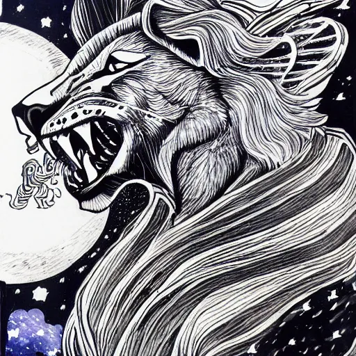 Image similar to lioness with wings in outer space, ink on paper, 8k high quality detailed art, trending on art station, manga art, by Eiichiro Oda