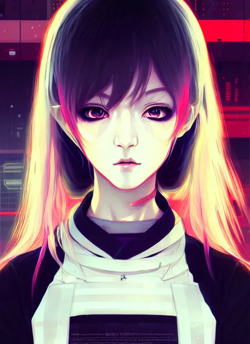 Image similar to portrait Anime girl cyberpunk, cute-fine-face, white-hair pretty face, realistic shaded Perfect face, fine details. Anime, cyberpunk. realistic shaded lighting by Ilya Kuvshinov and Gustav Klimt