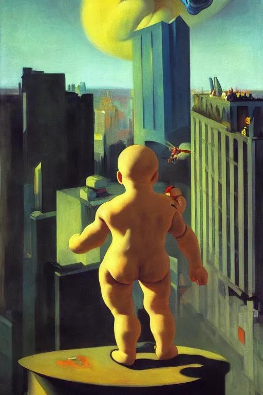 Image similar to evil human giant baby in a diaper and a robotic arm, grows up to the sky, against the backdrop of destroyed high - rise building, hauntingly surreal, highly detailed painting by francis bacon, edward hopper, adrian ghenie, gerhard richter, and james jean soft light 4 k,