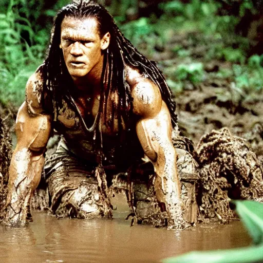 Prompt: film still of predator looking for his prey and john cena as major dutch, covered in mud and hiding from him in swamp scene in 1 9 8 7 movie predator, hd, 4 k