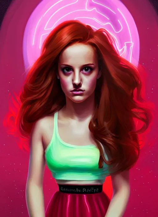 Image similar to full body portrait of teenage cheryl blossom, bangs, green eyes, sultry expression, red hair, sultry smirk, bangs and wavy hair, pink skirt, intricate, elegant, glowing lights, highly detailed, digital painting, artstation, concept art, smooth, sharp focus, illustration, art by wlop, mars ravelo and greg rutkowski