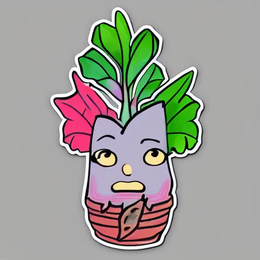 Image similar to cute colourful mandrake plant with face, white tracing, sticker,