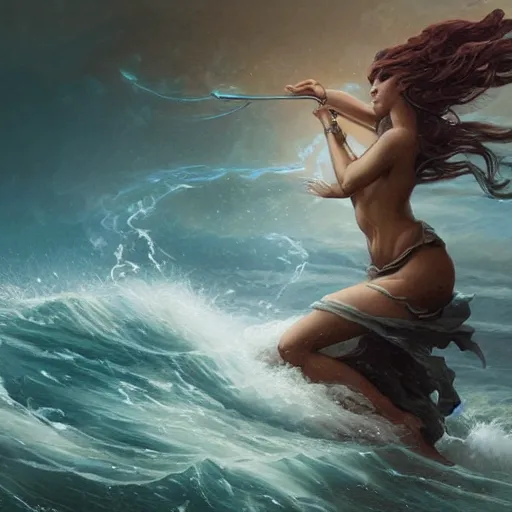 Prompt: beautiful powerful water goddess strides through a stormy sea, detailed matte fantasy portrait, dynamic lighting, bokeh backdrop, by greg rutkowski, by peter mohrbacher, by brom