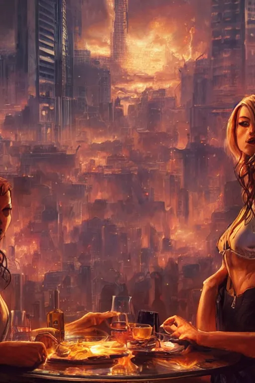 Prompt: in the foreground two glasses of alcohol placed on a table in the background a futurist city in flames, realistic, high definition, 4 k, shimmering color, symmetrical face, hyper detailed, art of greg rutkowski and magali villeneuve and artgerm