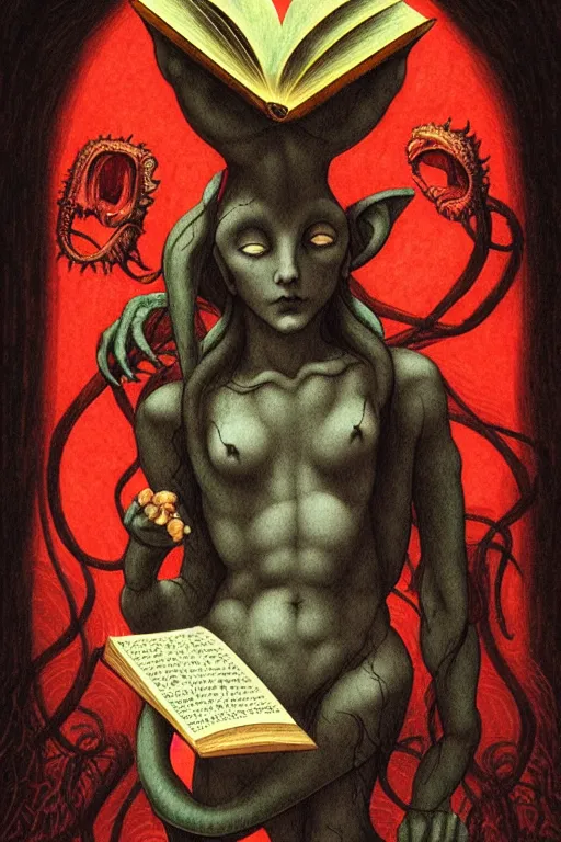 Prompt: michelangelo illustration of romantic girl, her cat and her book of necronomicon, symmetrical, cinematic, sharp focus, 4 k, ultra hd, sense of awe, sinister demonic atmosphere, dreadful, forbidden knowledge, old gods, cthulhu, yog - sothoth! yah, yah, yah! cultist journal cover