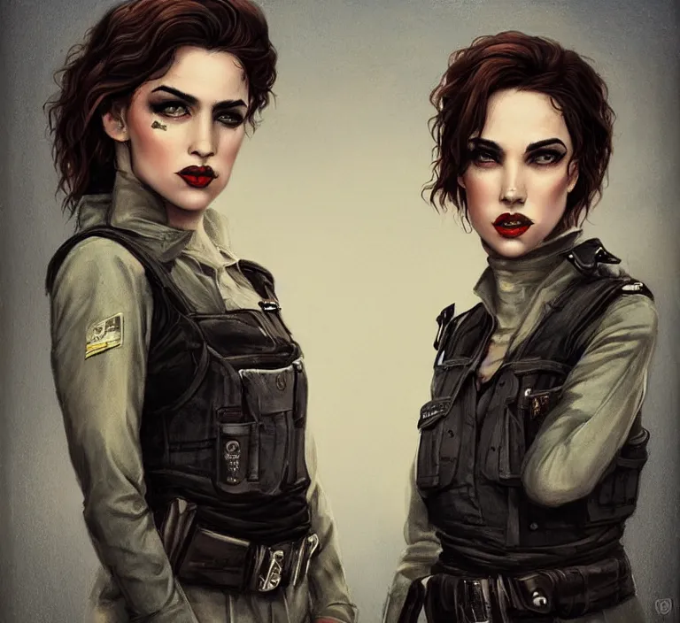 Image similar to a rugged and sarcastic female cop in the style of tom bagshaw