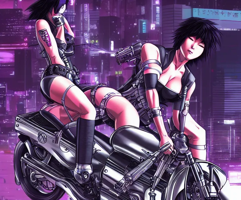 Image similar to motoko kusanagi riding a cyberpunk vehicle in a grungy cyberpunk megacity, bosozoku gang war, cyberpunk vaporwave, by phil jimenez, artgerm, sola digital arts, anti aliasing, raytracing