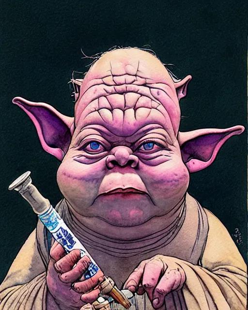 Image similar to a realistic and atmospheric watercolour fantasy character concept art portrait of a fat dirty yoda smoking a bong with pink eyes wearing a wife beater. by rebecca guay, michael kaluta, charles vess and jean moebius giraud