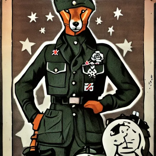 Image similar to fox animal dressed as a soldier in the style of a ww 2 propaganda poster