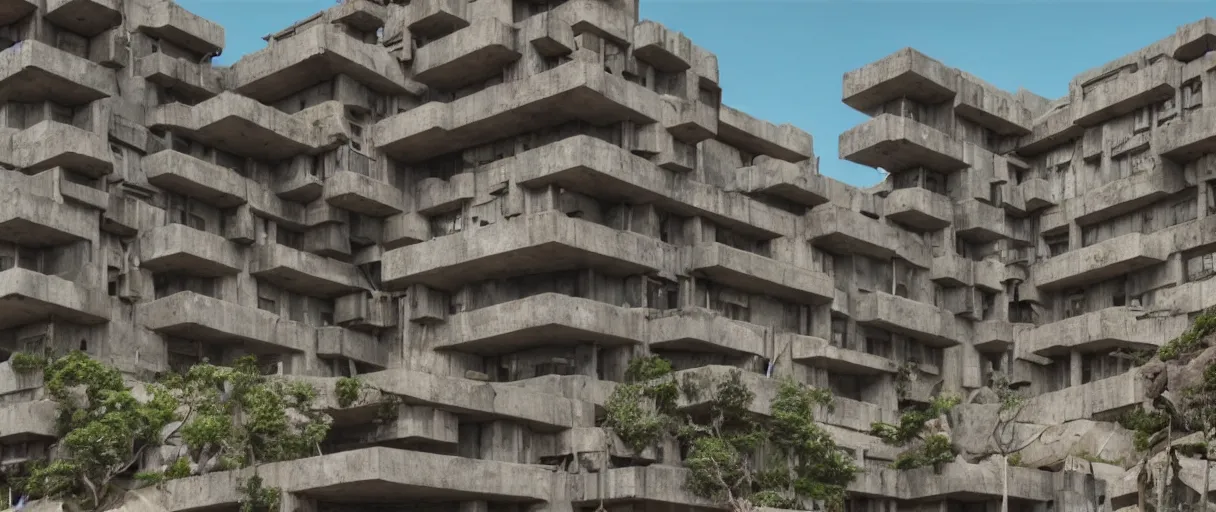 Prompt: Still from BIG MONKEY MOUNTAIN (2022) depicting ornate brutalist architecture