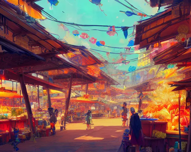 Image similar to colorful marketplace in a great, colorful kitsune city, bamboo, anime, a fantasy digital painting by Greg Rutkowski and James Gurney, trending on Artstation, highly detailed