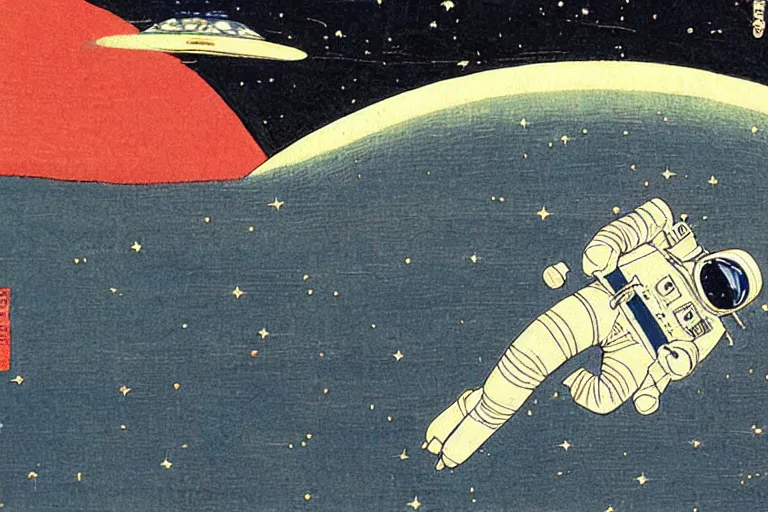 Image similar to astronaut in space, by hiroshige utakawa