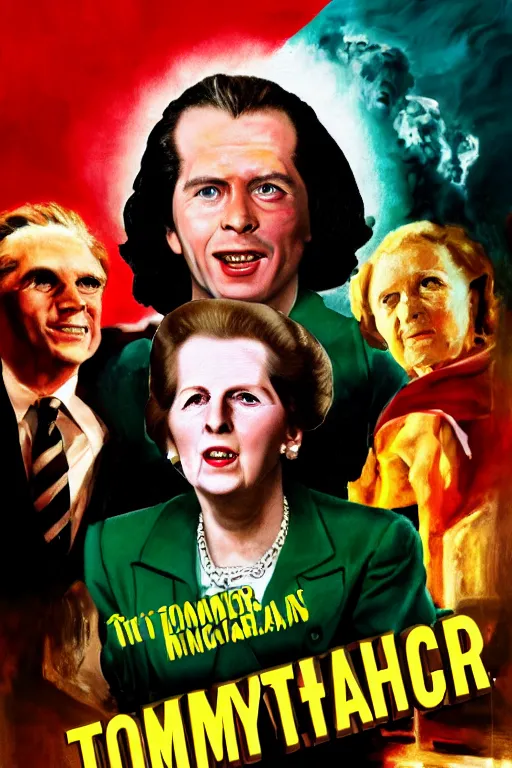 Prompt: margaret thatcher and tommy wiseau, ghanaian movie poster, highly detailed, olive garden, explosions, pasta, high octane render, hd, realism