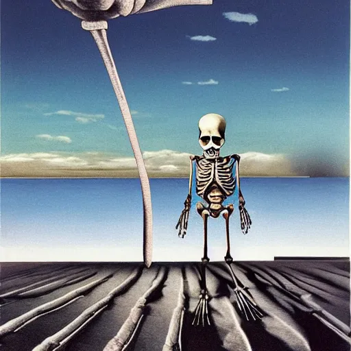 Image similar to a skeleton walking on a beach next to the ocean with nuclear bomb explosion in the background, a surrealist painting by Storm Thorgerson, featured on cg society, matte painting, naturalism, chillwave, anatomically correct