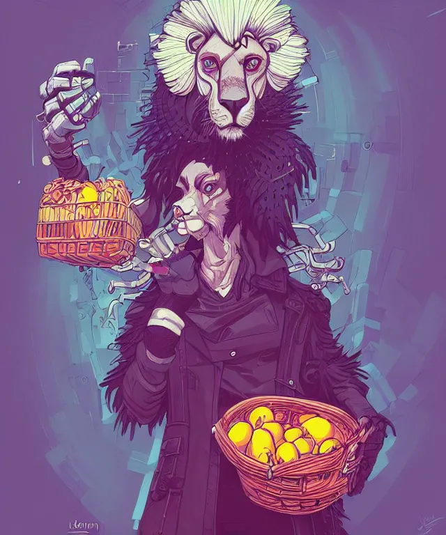 Image similar to a portrait of an anthropomorphic cyberpunk lion holding a fruit basket, fantasy, elegant, digital painting, artstation, concept art, matte, sharp focus, illustration, art by josan gonzalez