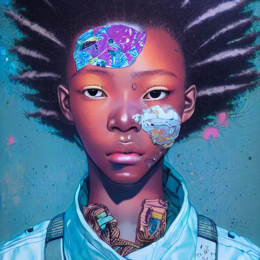 Prompt: teenage girl citizen portrait soft light painted by james jean and katsuhiro otomo and erik jones, inspired by zimbabwean afropunk anime, smooth face feature, intricate oil painting, high detail illustration, sharp high detail, manga and anime 1 9 9 9