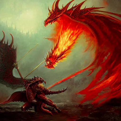 Prompt: epic fantasy painting of red dragon breathing fire towards knight, by john avon, by seb mckinnon, high detail, fantasy battle, by jeff miracola