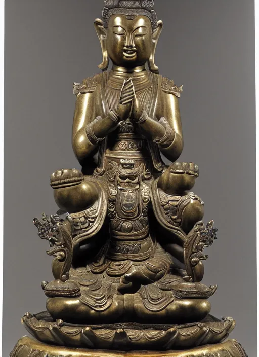 Prompt: photo of a magnificent gilt-bronze seated figure of bodhisattva, anthropomorphized asian black bear, head of an asian black bear with lots of fur detail, realistic bears head, Early Ming dynasty, late 14th-15th century, studio lighting