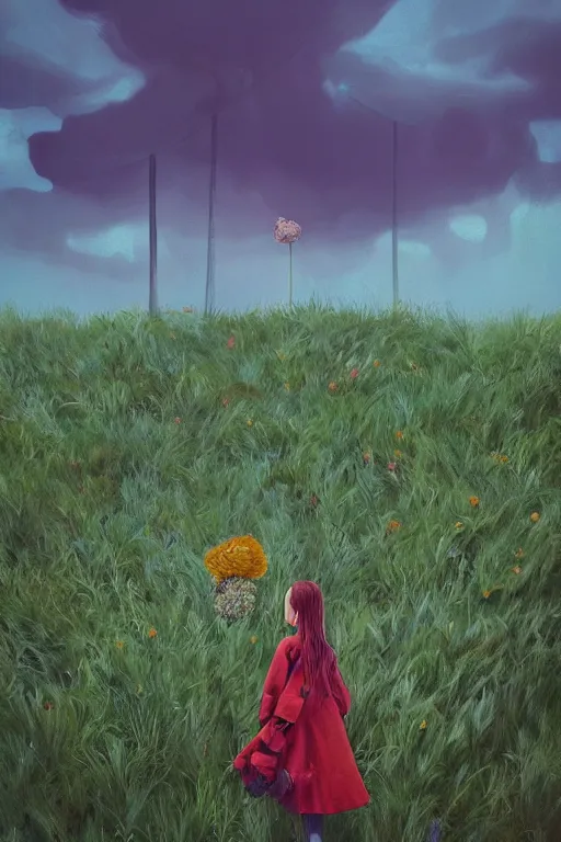 Image similar to portrait of giant flower head, a girl with coat between bushes, surreal photography, wind and cold, dramatic sky, impressionist painting, digital painting, artstation, simon stalenhag