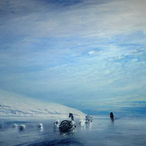 Image similar to car drifting on ice in the north pole. icebergs. toyota commercial. style of turner paintings