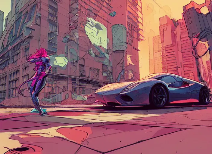 Image similar to a sport car in a city, sharp focus. cinematic pose, cinematic lighting, art by josan gonzales and moebius and deathburger.