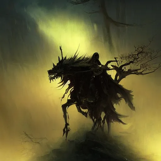 Prompt: ''cinematic shot'' hooded dark demon mage reinccarnating skeletons with golden armor and spears in the dead forest full of monster atmosferic dark foggy made by ivan aivazovsky, peter mohrbacher, greg rutkowski volumetric light effect broad light oil painting painting fantasy art style sci - fi art style realism premium prints available artwork unreal engine
