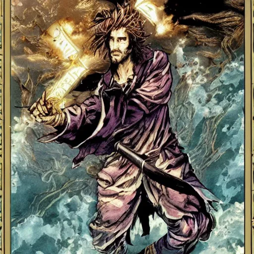 Image similar to pen and ink!!!! attractive 22 year old deus ex Frank Zappa x Ryan Gosling golden!!!! Vagabond!!!! floating magic swordsman!!!! glides through a beautiful battlefield magic the gathering dramatic esoteric!!!!!! pen and ink!!!!! illustrated in high detail!!!!!!!! by Hiroya Oku!!!!!!!!! Written by Wes Anderson graphic novel published on Cartoon Network MTG!!! 2049 award winning!!!! full body portrait!!!!! action exposition manga panel