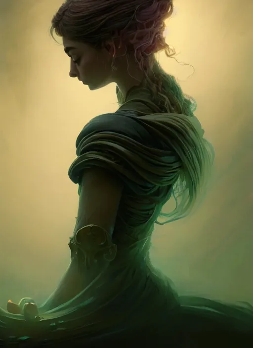 Image similar to side portrait, imogen poots, deathknight, gloomhaven, soft, smooth, luminescent, art nouveau, haunting, pale green backlit glow, evil inky swirly ripples, sickly colors, 8 k, by greg rutkowski, jesper ejsing, rhads, ilya kuvshinov, cushart krenz