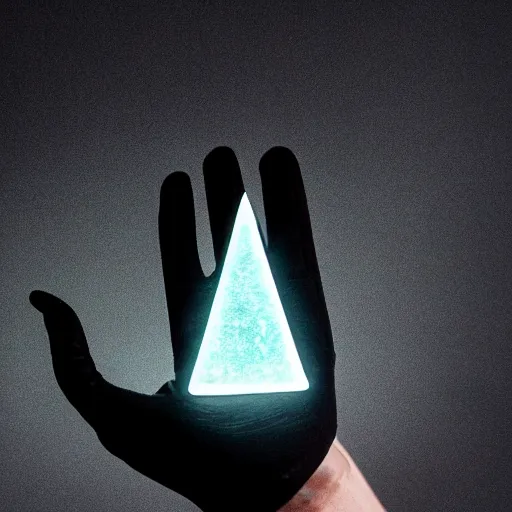 Image similar to a black gloved hand holding a dimly glowing triangular shard of kryptonite in pitch dark, black background