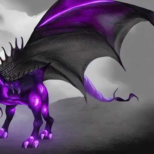 Prompt: A giant black western dragon with a white belly and purple stripes, with glowing purple eyes.