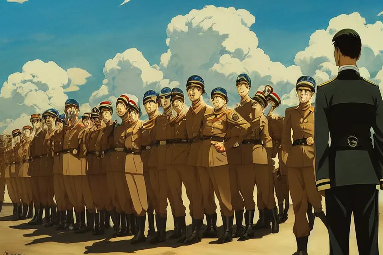 Prompt: anime key visual of dictator fascist nationalist propaganda poster from world war 2 depicting an elite regiment of anime maids commiting war crimes, style of jamie wyeth james gilleard edward hopper greg rutkowski acrylic painting, preserved museum piece, historical