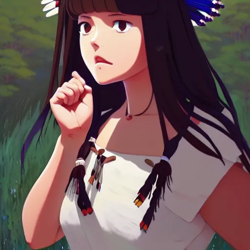 Prompt: a beautiful! plus sized native women instagram model, brown skin, wearing elegant catholic school girl designer fashion with mayan pattern and native style, aztec street fashion, gapmoe yandere grimdark, trending on pixiv fanbox, painted by greg rutkowski makoto shinkai takashi takeuchi studio ghibli, akihiko yoshida