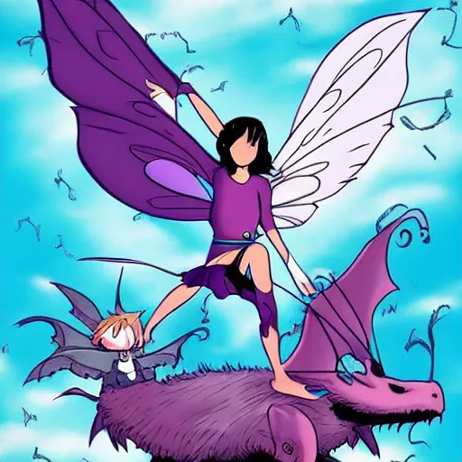 Prompt: flying fairy fighting against dragon demon in style of bryan lee o'malley