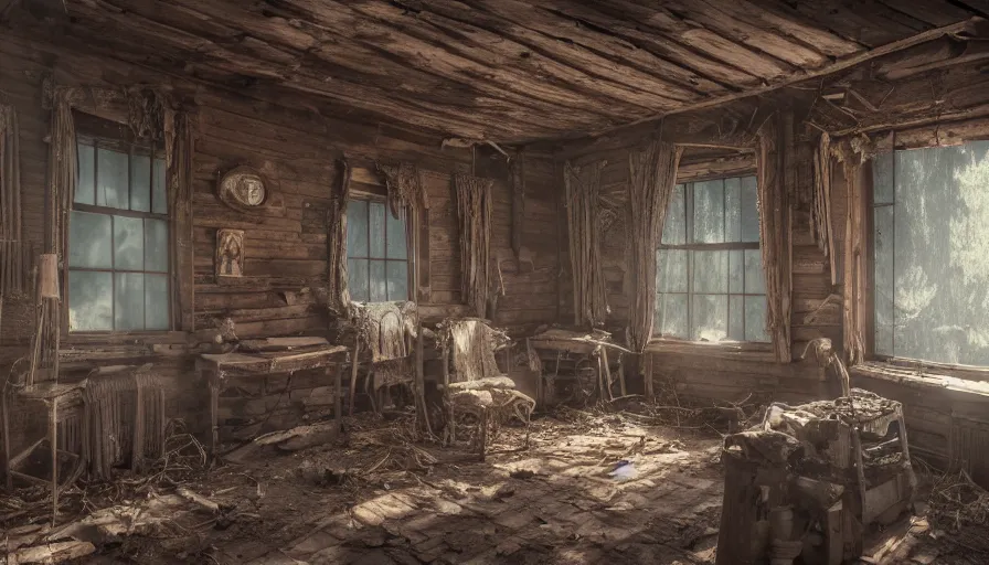 Image similar to interior of an old bloody cabin, cobwebs and dust, forest, broken windows, bloody curtains, hyperdetailed, artstation, cgsociety, 8 k