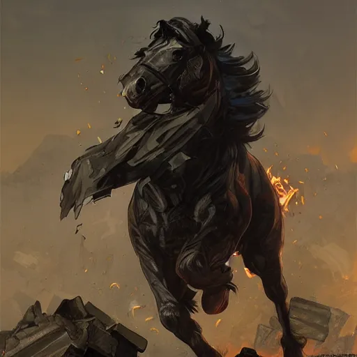 Prompt: splash art of a super buff black - coated anthropomorphic horse character wearing tactical kevlar fabric standing in rubble, long hair, exaggerated muscles, highly detailed, furry, furaffinity, digital painting, artstation, sharp focus, illustration, art by artgerm, greg rutkowski, alphonse mucha