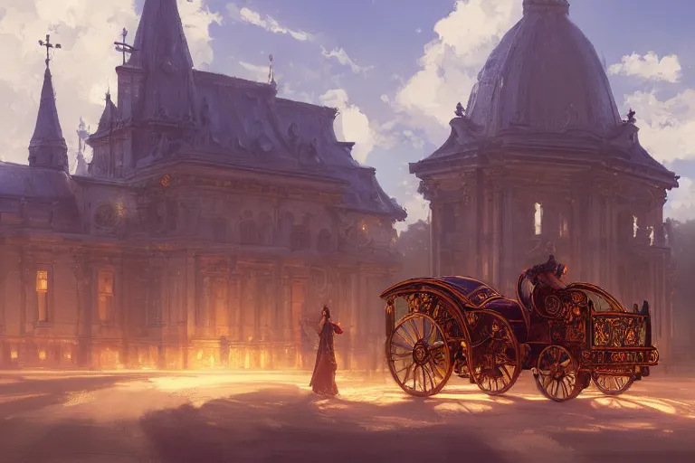 Image similar to an mobile ornate baroque church on chain wheels, scene in an open field. key visual, conceptart, ambient lighting, highly detailed, digital painting, artstation, concept art, sharp focus, by makoto shinkai and akihiko yoshida and greg manchess