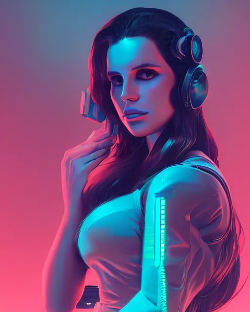 Image similar to portrait of lana del rey as a cyborg. intricate abstract. intricate artwork cyberpunk by tooth wu, wlop, beeple, dan mumford. octane render, trending on artstation, greg rutkowski ruan jia, cinematic lighting, hyper realism, high detail, octane render, 8 k, key art, blue and pink iridescent accents