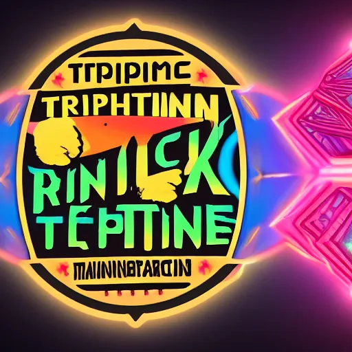 Prompt: sticker of a rock band, band name is tripmachine, on the sticker is a 3 d render of a huge futuristic steampunk power generator, 8 k, fluorescent colors, halluzinogenic, multicolored, exaggerated detailed