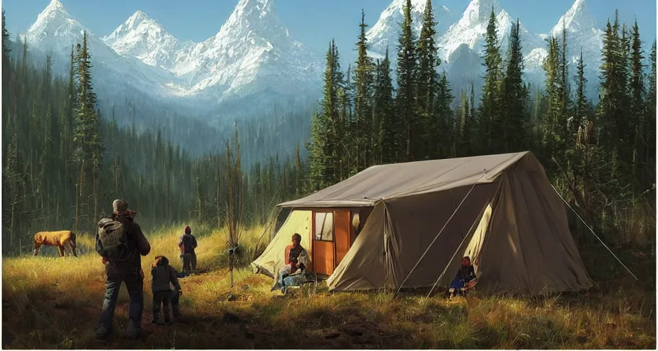 Image similar to cabela's beautiful comfortable carbon framed, modular insulated wall portable container home kit - house all weather family dwelling tent house, person in foreground, mountainous forested wilderness open fields, beautiful views, painterly concept art, environmental concept art, concept art illustration, by james gurney, by craig mullins, by greg rutkowski trending on artstation