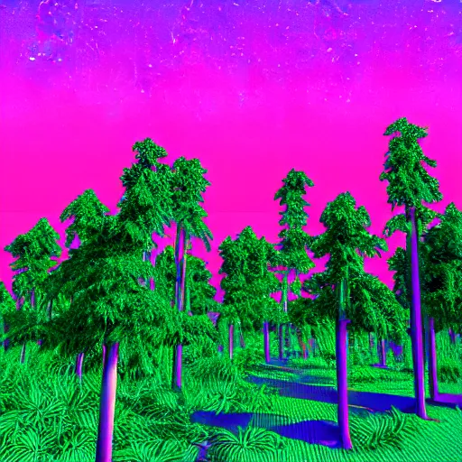 Image similar to 80s vaporwave outrun 3d Render of a forest, liminal space retro, grainy, noisy